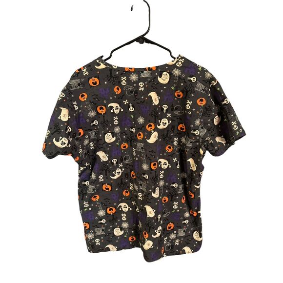 Womens XL Zoe & Chloe Halloween Ghost Pumpkin Short Sleeve Vneck Scrubs Uniform - Picture 2 of 5